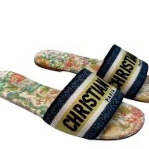 Christian Dior Dway Slide Nude Multicolor Embroidered Sz 6.5